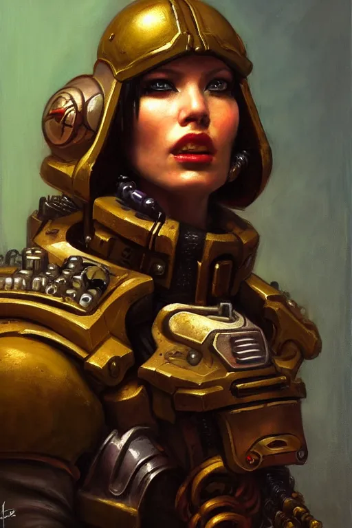 Image similar to character portrait cyberpunk starcraft terran warhammer 4 0 k space marine commmissar ( ( ( ( ( ( ( ( totally definitely not negative no not girl with the pearl earring inspired ) ) ) ) ) ) ), character design, painting by gaston bussiere, katsuya terada, frank frazetta, tom of finland, trending on artstation