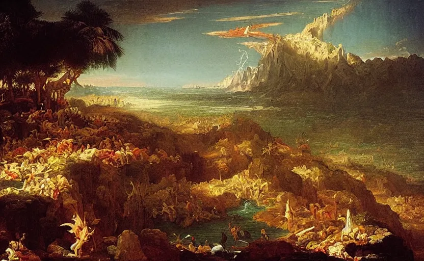 Image similar to “ the fall of dubai, in the style of thomas cole ”