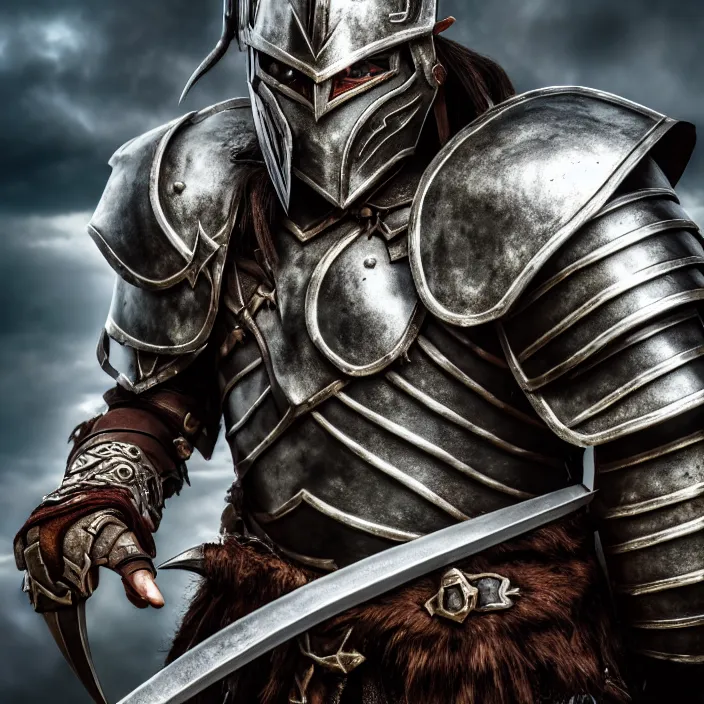 Prompt: photo of a warrior with metal elf orc hybrid themed armour, highly detailed, 4 k, hdr, smooth, sharp focus, high resolution, award - winning photo