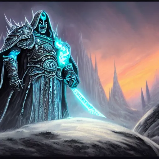 Prompt: A ultra detailed matte painting of Arthas lich king, by Dan mumford, trending on ArtStation