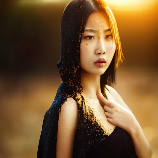 Image similar to filmstill photography of asian female body covered with wet black translucent blanket acrylic liquid colors, luxurious supermodel photoshooting, golden jewelry, bokeh, godrays, strong wind, wrinkles, sunrays, sunset, strong lens flares