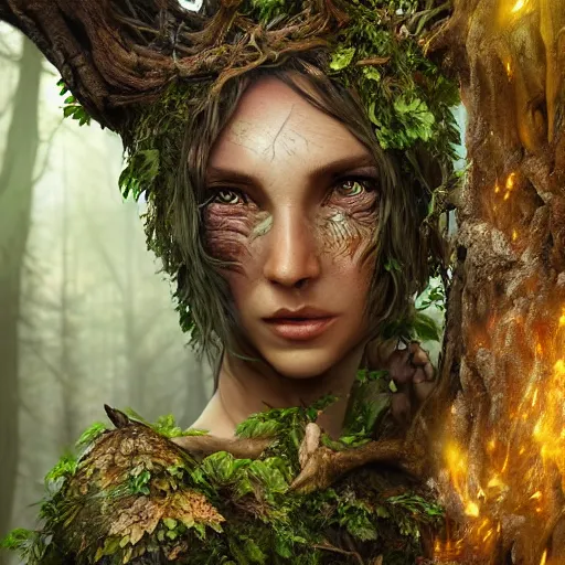 Image similar to high definition digital fantasy character art, hyper realistic face, hyperrealism, elemental guardian of life, forest dryad, woody foliage, woody skin, 8 k dop dof hdr fantasy character art, by aleski briclot and alexander'hollllow'fedosav and laura zalenga