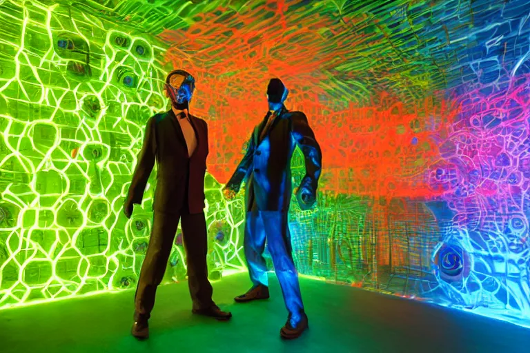 Image similar to full body, alan turing wrestling with agent smith, sculpture by auguste rodin, multicolored glowing tubes, glowing digital eyes, 8 k, front shot, symetrical, flourescent colors, halluzinogenic, multicolored, insanely detailed, 3 d render, octane