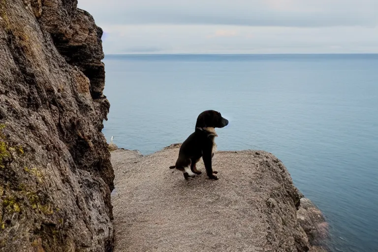 Prompt: a puppy is looking directly at the water below them while they stand at an edge of a cliff