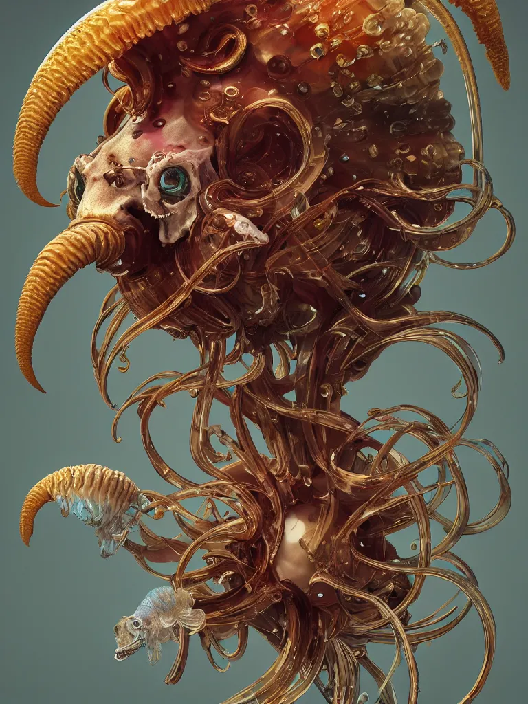 Prompt: close-up portrait ram skull abstract 3d composition. jellyfish phoenix head, nautilus, orchid, moebius, mucha, New art nouveau, skull, gold betta fish, bioluminiscent creatures, intricate artwork by Tooth Wu and wlop and beeple. octane render, trending on artstation, greg rutkowski very coherent symmetrical artwork. cinematic, hyper realism, high detail, octane render, 8k