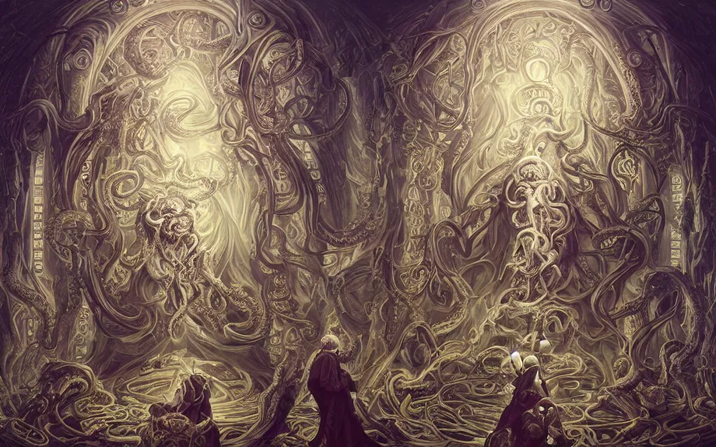 Image similar to pope priest in front of a cthulhu within a viscosity fluid lovecraft portal, intricate architecture, baroque detailed, shiny colors, high - key lighting, beautiful composition, intricate, elegant, pro photography by, highly detailed, art by artgerm and peter mohrbacher, subsurface scattering, ray tracing, vivid colors, octane render