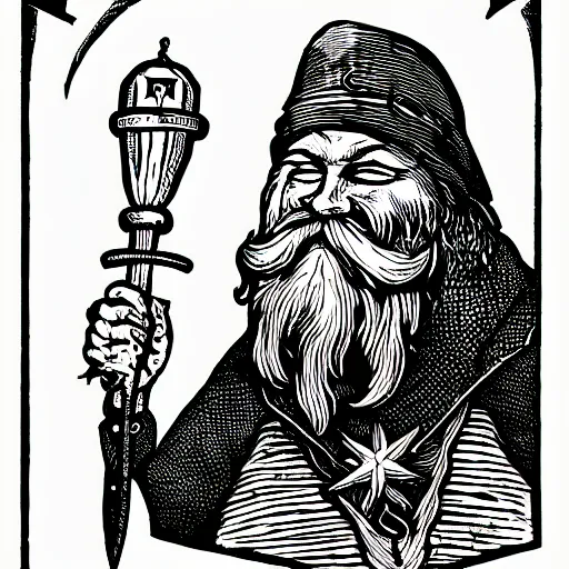 Image similar to wizard with beard, holding a bomb, dnd, high detail, fantasy, in the style of vintage antique illustration and line drawing or engraving, woodcut,