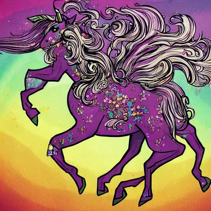 Prompt: a beautiful elegant unicorn running on a rainbow, concept art, intricate details, fierce, powers, comic