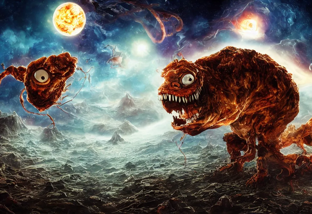 Image similar to eldritch horror bloody garfield in space, hd, 8 k, giant, epic, realistic photo, unreal engine, stars, prophecy, powerful, cinematic lighting, destroyed planet, debris, violent, sinister, ray tracing, dynamic, epic composition, dark, horrific, teeth, grotesque, monochrome drawing, hellscape, death, corpses, foreboding