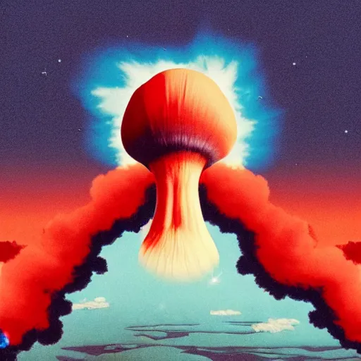 Image similar to red, white and blue nuclear explosion over a city on the fourth of july in the style of m. c. escher, junji ito and beeple, patriotic, mushroom cloud, american flag, 8 k resolution