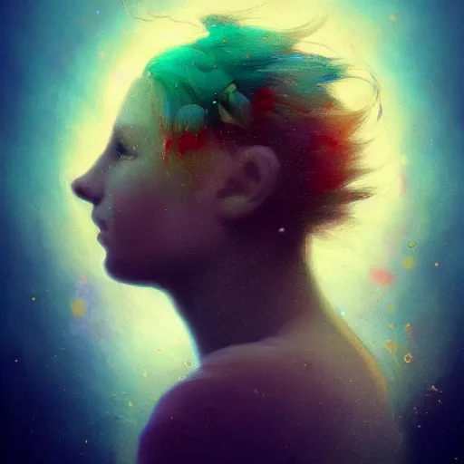 Image similar to i woke up in a world that had fragments of you. three-quarters portrait, flaky paper skin, different colored multicolored eyes, long flowing hair underwater, imagination cosmic dream, dreamy, 8k artgerm bokeh, award winning photography, trending on artstation, by Ivan Aivazovsky and Odilon Redon