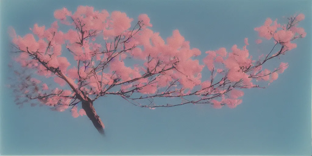 Prompt: analog polaroid of a blossom tree, petals falling, light blue sky, color bleed, studio ghibli style pastel colors