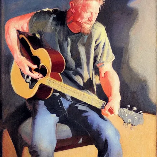 Image similar to a portrait of james hetfield playing guitar, by gregory manchess and stanley lau