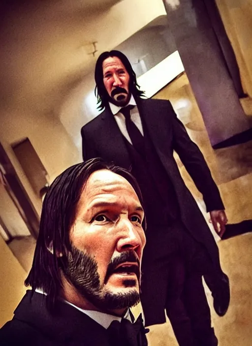 Image similar to candid john wick selfie. snapchat, instagram, photography, filters