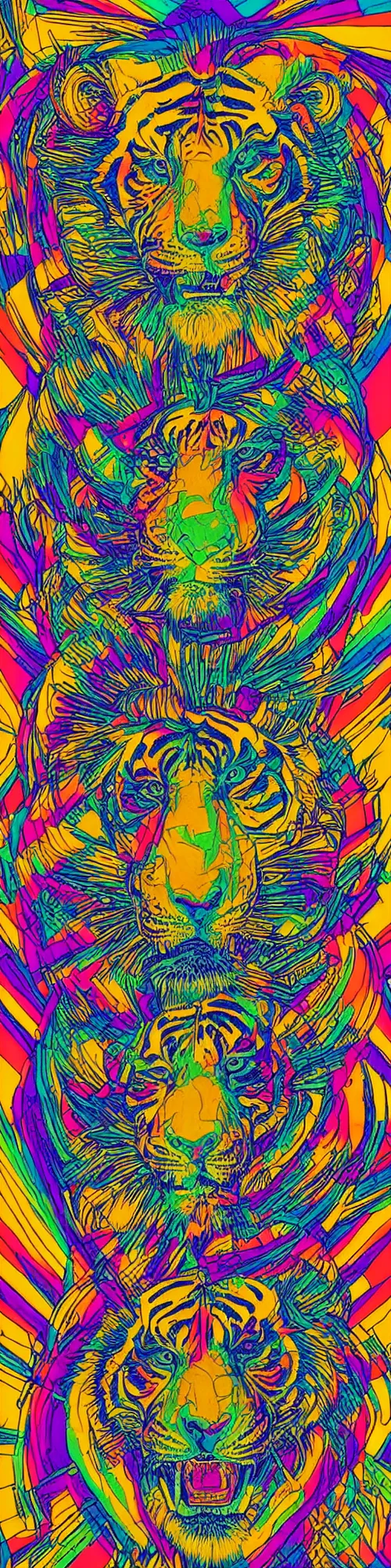 Image similar to tiger lion and bear dissolving into neon pieces, cubensis, aztec, basil wolverton, r crumb, hr giger, mc escher, dali, muted colors, muted rainbow tubing, folds and creases, hills and bumps