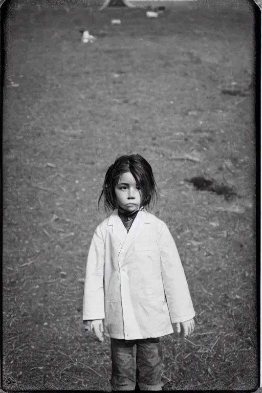 Prompt: photo polaroid of a sad and lonely child in a white coat stands in the middle many big tents of field hospitals, pandemic, covid, loneliness, black and white ,photorealistic, 35mm film,