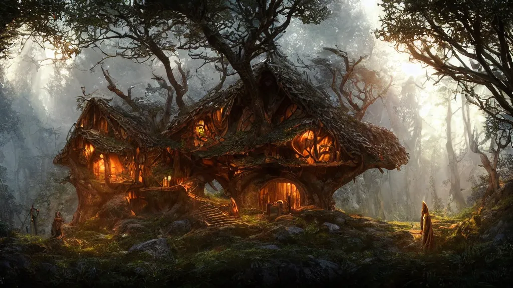 Image similar to elves living in elven treehouses, beautiful landscape, dramatic lighting, cinematic, extremly high detail, photorealistic, cinematic lighting, post processed, concept art, artstation, matte painting, style by greg rutkowsky