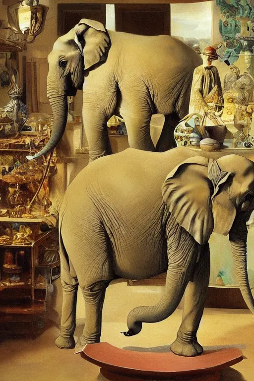 Image similar to one elephant in a porcelain shop, cgsociety, oil painting by dali