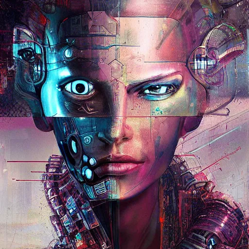Prompt: a painting of a robot with a human face, cyberpunk art by android jones, cgsociety, analytical art, dystopian art, future tech, behance hd
