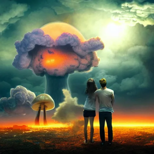 Image similar to a young couple watching a nuclear explosion, romantic, mushroom cloud, uplifting, happy, apocalytic detailed digital matte painting