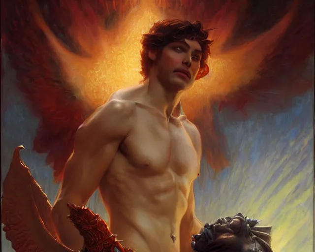 Image similar to attractive male deity, casting demonic magic, summoning handsome lucifer morning star. highly detailed painting by gaston bussiere, craig mullins, j. c. leyendecker 8 k