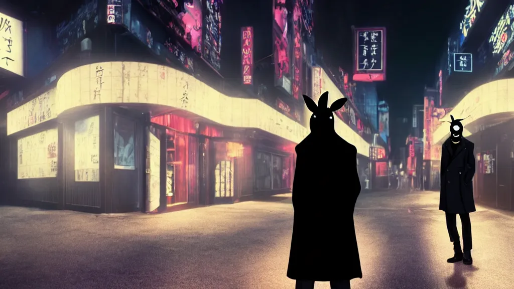 Image similar to a man wearing a black trench coat and black rabbit mask standing outside a night club, anime film still from the movie directed by Denis Villeneuve with art direction by Junji Ito, wide lens