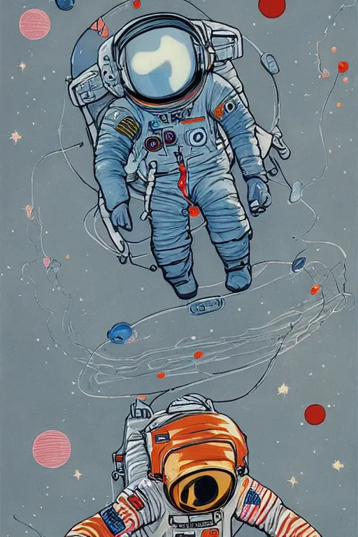 Image similar to James Jean artwork, astronaut in space, colourful