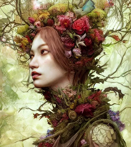 Image similar to portrait of the supreme queen of the blood cult, surrounded overgrowth and flowers 🍂 by Akihiko Yoshida, Yoshitaka Amano,Marc Simonetti, karol bak, WLOP, James Jean, tom bagshaw, rococo, trending on artstation, fantasy magic fashion girl portrait, glossy eyes, face, fantasy, elegant, highly detailed, digital painting, concept art, smooth, sharp focus, illustration, cinematic lighting, hyper realism, octane render, 8k, hyper detailed.