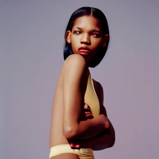 Image similar to realistic photoshoot for a balenciaga lookbook, color film photography, portrait of a beautiful woman in style of tyler Mitchell, 35mm, graflex
