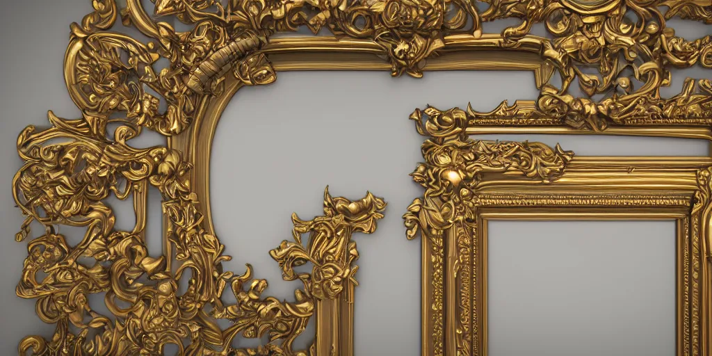 Image similar to 3 d octane render ultra photorealistic hyper detailed top view of a baroque picture frame