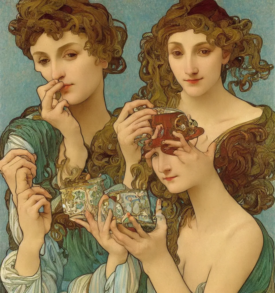 Image similar to a beautiful arrogant surreal greek lady drinking tea looking disdained, rennaisance painting, whimsical, pastel color palette, by leonardo da vinci and alphonse mucha