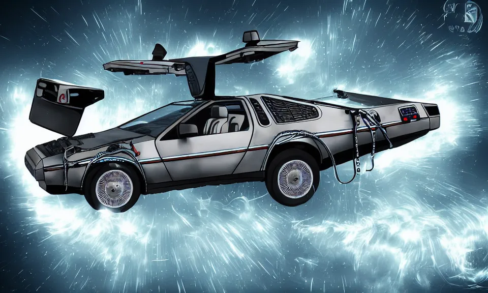 Prompt: a delorean travelling through time, digital art