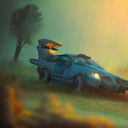 Image similar to flying car in futuristic spiritual mystical post apocalyptic forest by ron gilbert, dim painterly volumetric aquatic sunset lighting, beautiful, crisp, artstation, highly detailed