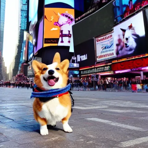 Image similar to a corgi riding a skate on times square