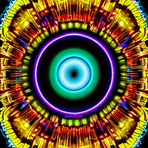 Image similar to cyberpunk neon colored blackhole mandala eye art