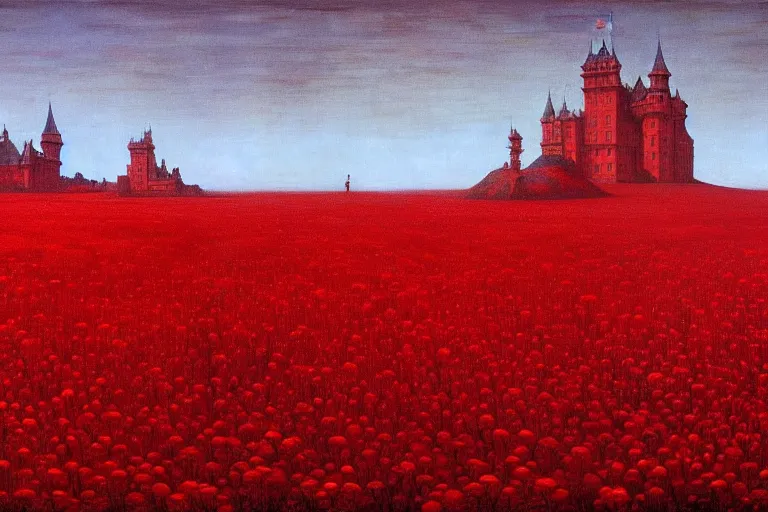 Image similar to only with red, red flowers of different types, red castle in background, red medieval big goblins, in the style of beksinski, parts by edward hopper, parts by rodcenko, parts by yue minjun, intricate and epic composition, red by caravaggio, insanely quality, highly detailed, masterpiece, red light, artstation, 4 k