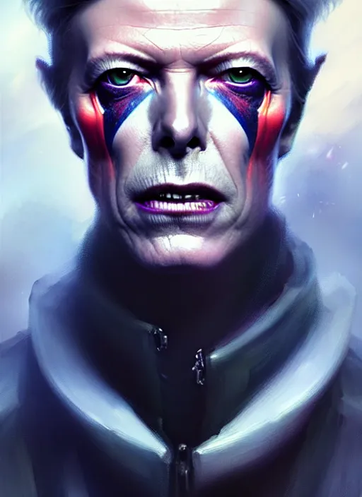 Image similar to portrait of a david bowie cyborg, victorian, concept art, detailed face, fantasy, close up face, highly detailed, cinematic lighting, digital art painting by greg rutkowski