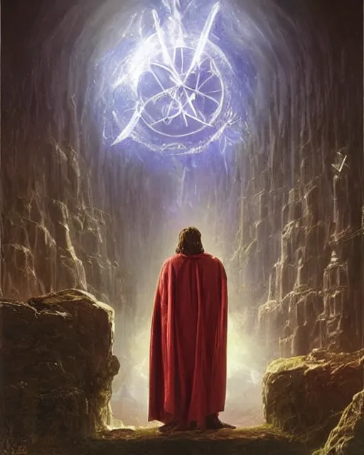 Prompt: A wild magic sorcerer. He is wearing a cloak with glowing runes on it and a crown. He is frowning seriously. He is preparing to cast a spell to banish the old gods. He is standing in spell circle. Award winning realistic oil painting by Thomas Cole and Wayne Barlowe