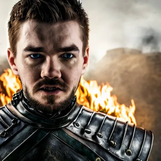 Prompt: jacksepticeye wearing medieval irish armor, looking somewhere in the distance, flames surrounding him, game of thrones cover art, 8k, studio light