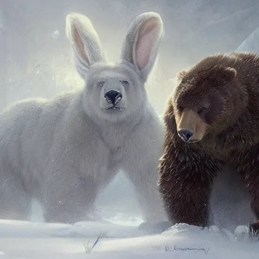 Prompt: a bear and a bunny chimera with the size and strength of a bear, The white color and long bunny ears of a bunny and golden brown antlers. Concept art. Fantasy. Trending on artstation. Masterpiece. By Karlkka. By Greg Rutkowski James Gurney