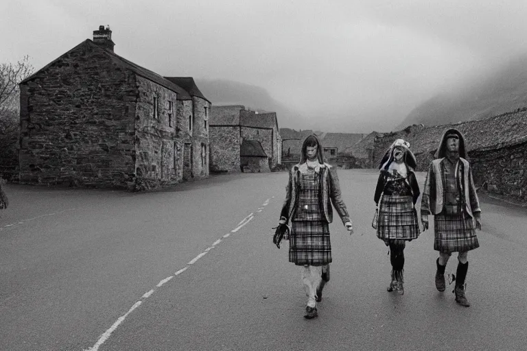 Image similar to three people walking in an empty street in a remote Scottish village on a cloudy morning during the pagan feast of the wicker man, photojournalism, 1967, photorealism, very realistic, in the style of Midsommar, 50mm lens, Kodak 5219 film