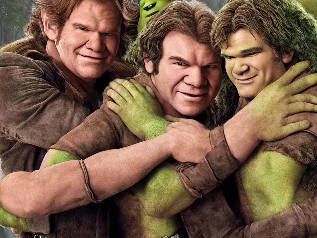 Prompt: portrait of Han Solo and Shrek, dressed the same with their arms around each other, friends, smiling