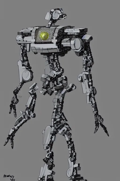 Prompt: a drawing of a robot made out of bricks, concept art by hirohiko araki, polycount, antipodeans, concept art, official art, full body