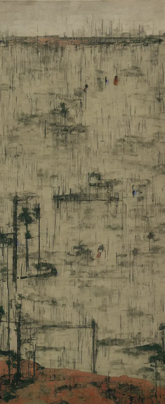 Image similar to a chinese prison near a river by peter doig, muted colors