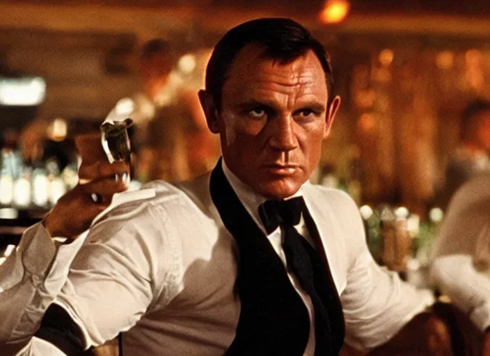 Prompt: a still from a 007 film, with James Bond sitting at a bar drinking from a juicebox