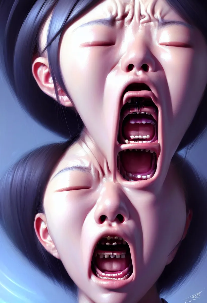 Image similar to beautiful render of a face, waist up portrait of a futuristic cute japanese teenage girl screaming in anger and frustration, intricate, elegant, highly detailed, digital painting, artstation, concept art, smooth, sharp focus, octane render, dramatic lighting, symmetry, symmetrical face, ONE FACE, headshot, art by greg rutkowski and wlop