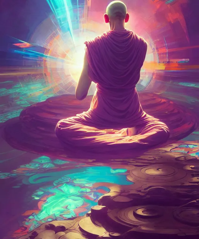 Image similar to a floating monk, meditating, wearing netrunner clothing, vaporwave aesthetic, colorful, psychedelic, digital painting, artstation, concept art, smooth, sharp focus, illustration, art by artgerm and greg rutkowski and alphonse mucha