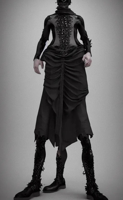 Prompt: male fashion model wearing a gothic dress designed by alexander mcqueen, catwalk, soft ambient lighting, photorealism, unreal engine