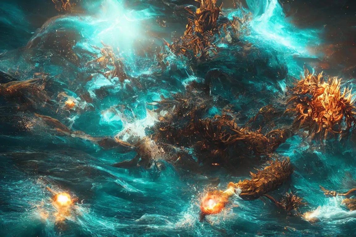 Image similar to colossal shaman gods destroying very living thing in the ocean, cast across the night sky, 8 k, ultra realistic, lens flare, atmosphere, glow, detailed, intricate, full of colour, cinematic lighting, trending on artstation, 4 k, hyperrealistic, focused, extreme details, unreal engine 5, cinematic, masterpiece