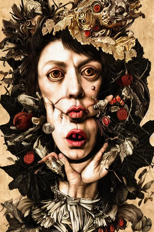 Image similar to Detailed maximalist portrait with large lips and wide white eyes, angry expression, HD 3D mixed media collage, highly detailed and intricate illustration in the style of Caravaggio, surreal dark art, baroque